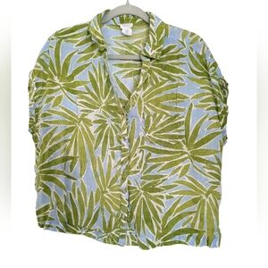 Sigrid Olsen Linen Button Up Shirt Green Blue Leaf Print M Tropical Vacation